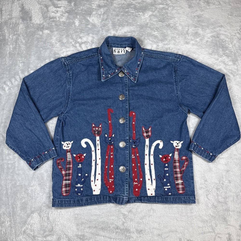 Vintage Keren Hart Denim‎ Shacket Womens M Blue White Red Stars Folk Cat Lady